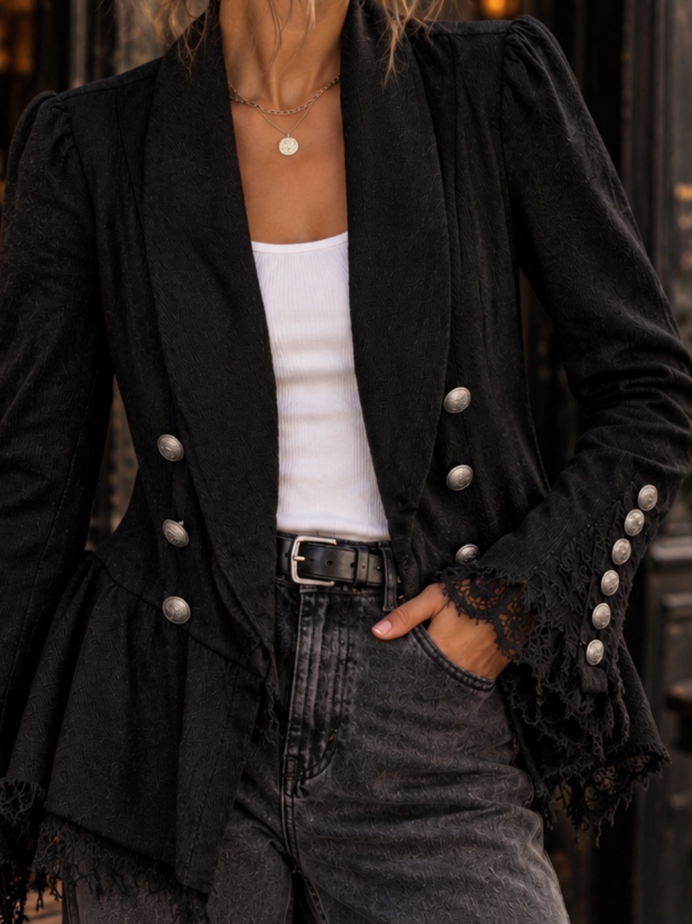 Free People Black Flared Sleeve Lace-Trim Military Boho Blazer-Small